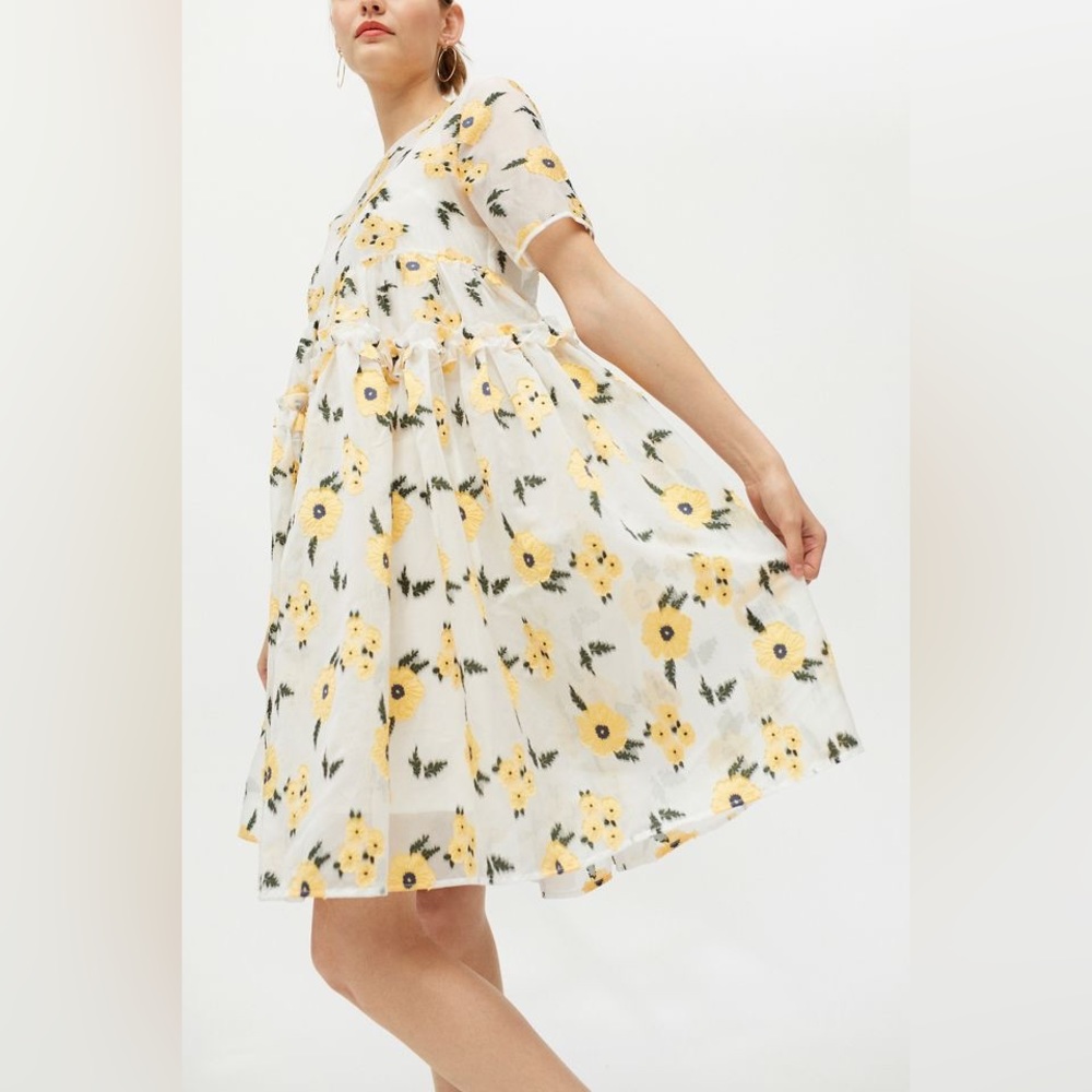Sister Jane White Floral Puff-Sleeve Tea Dress with Yellow Blooms